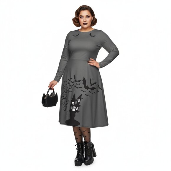 Plus Size Goth Bat Print Long Sleeve Pinup Dress with Pockets - Picture 12 of 17